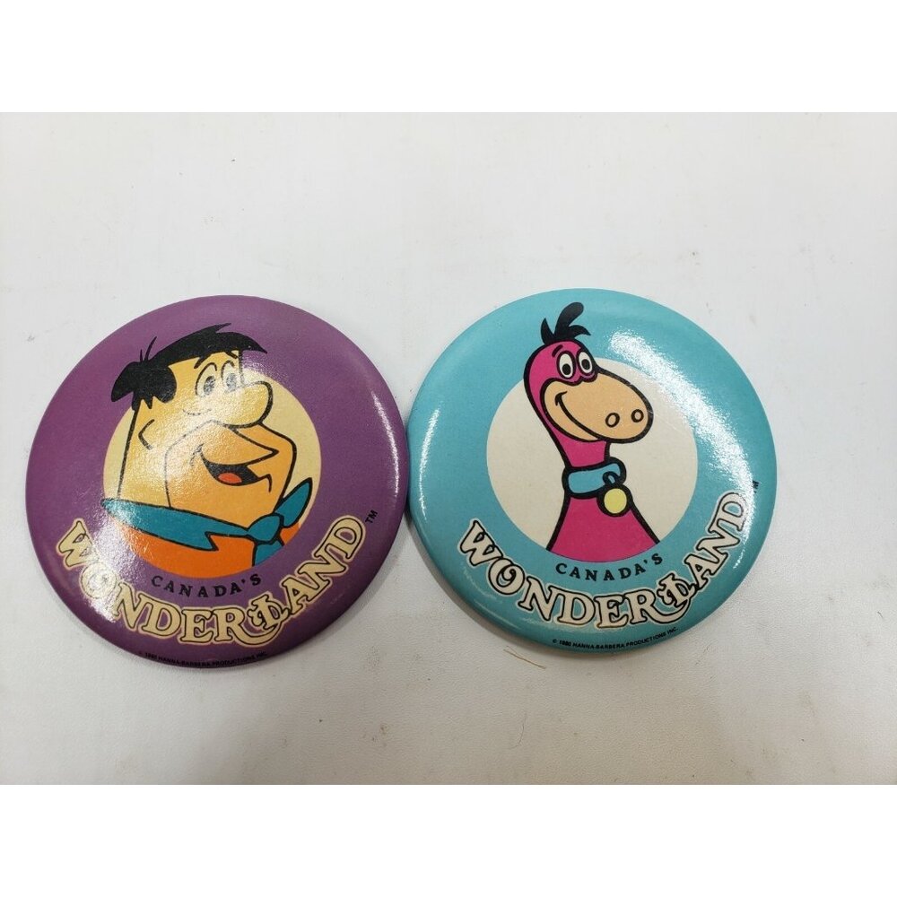 Canada's Wonderland Fred Flintstone and Dino Pinback Buttons 1980 Badge Ontario
